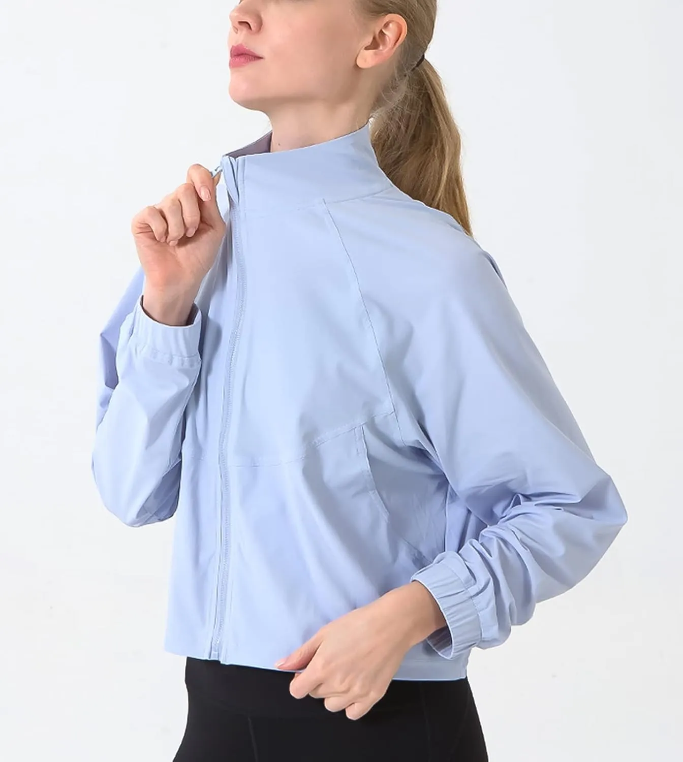 Women's Full Zip Lightweight Jacket Workout High Neck Sun Protection 50  Running Sports Crop Track Top