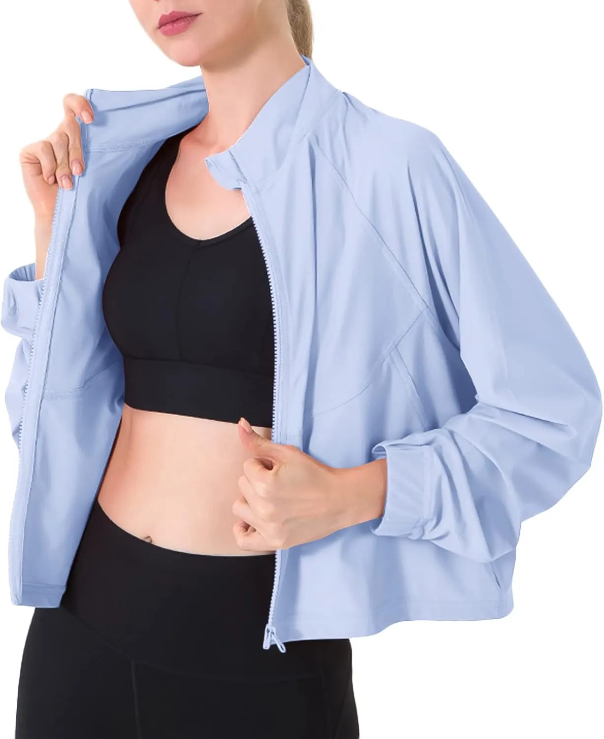 Women's Full Zip Lightweight Jacket Workout High Neck Sun Protection 50  Running Sports Crop Track Top