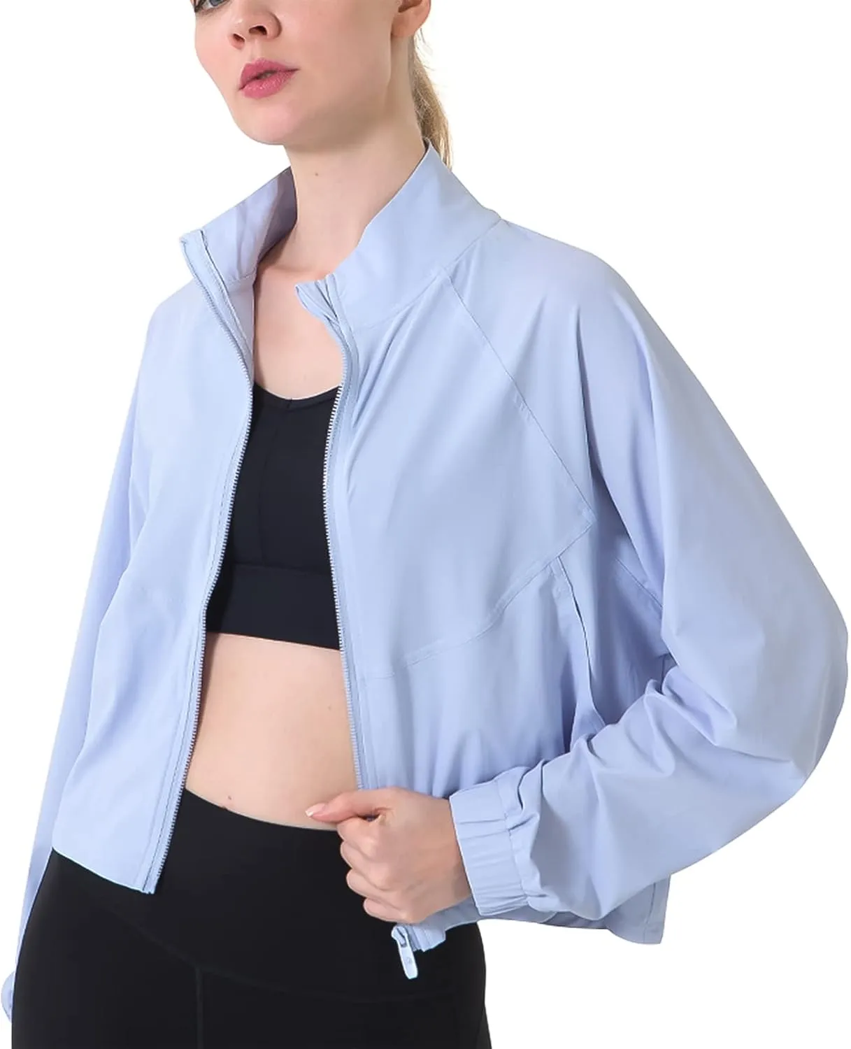 Women's Full Zip Lightweight Jacket Workout High Neck Sun Protection 50  Running Sports Crop Track Top