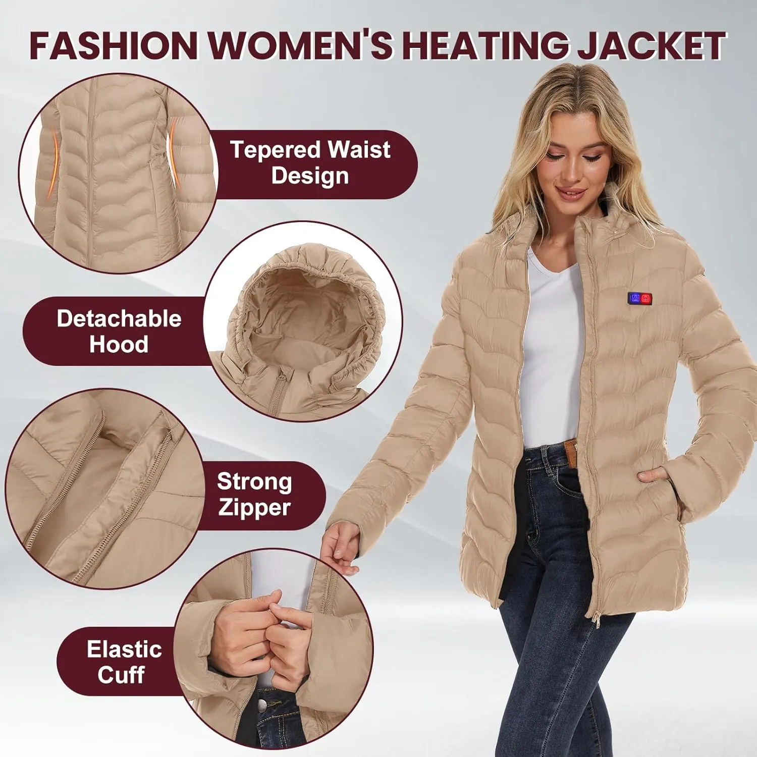 Womens Heated Jacket with 10000mAh Battery Pack, Dual Control Button Heated Coat