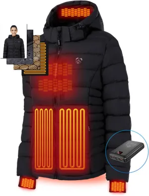 Women's Heated Puffer Jacket With 12V Battery Pack-Insulated Water-Resistant Hooded Hand-Heating Electric Heated Jacket