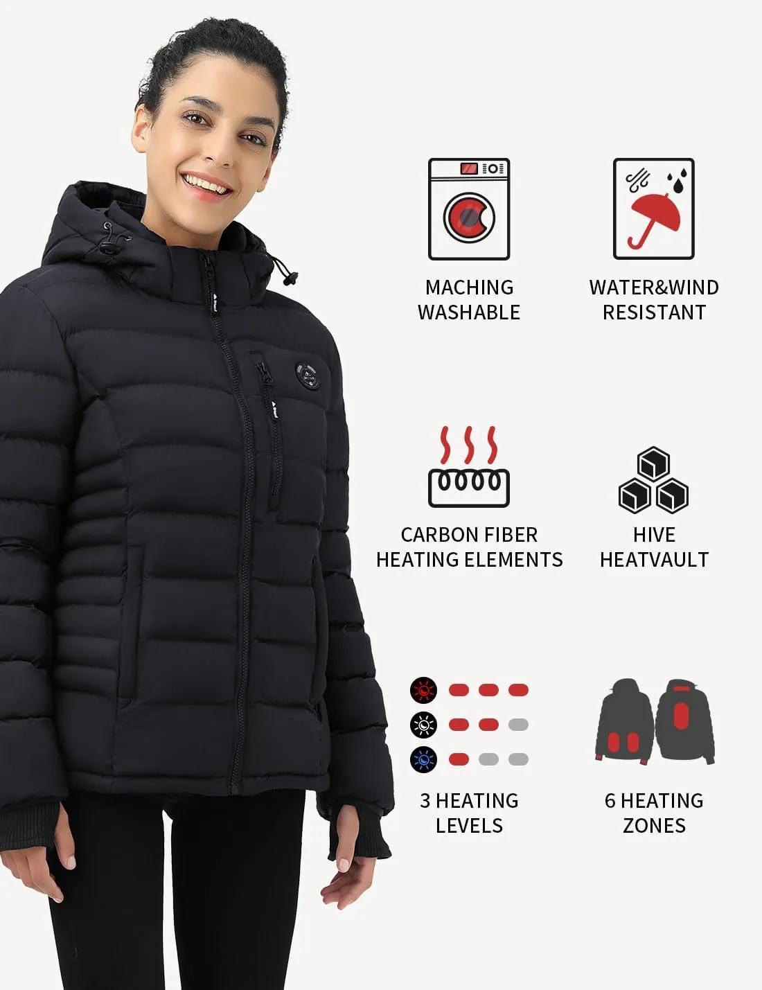 Women's Heated Puffer Jacket With 12V Battery Pack-Insulated Water-Resistant Hooded Hand-Heating Electric Heated Jacket