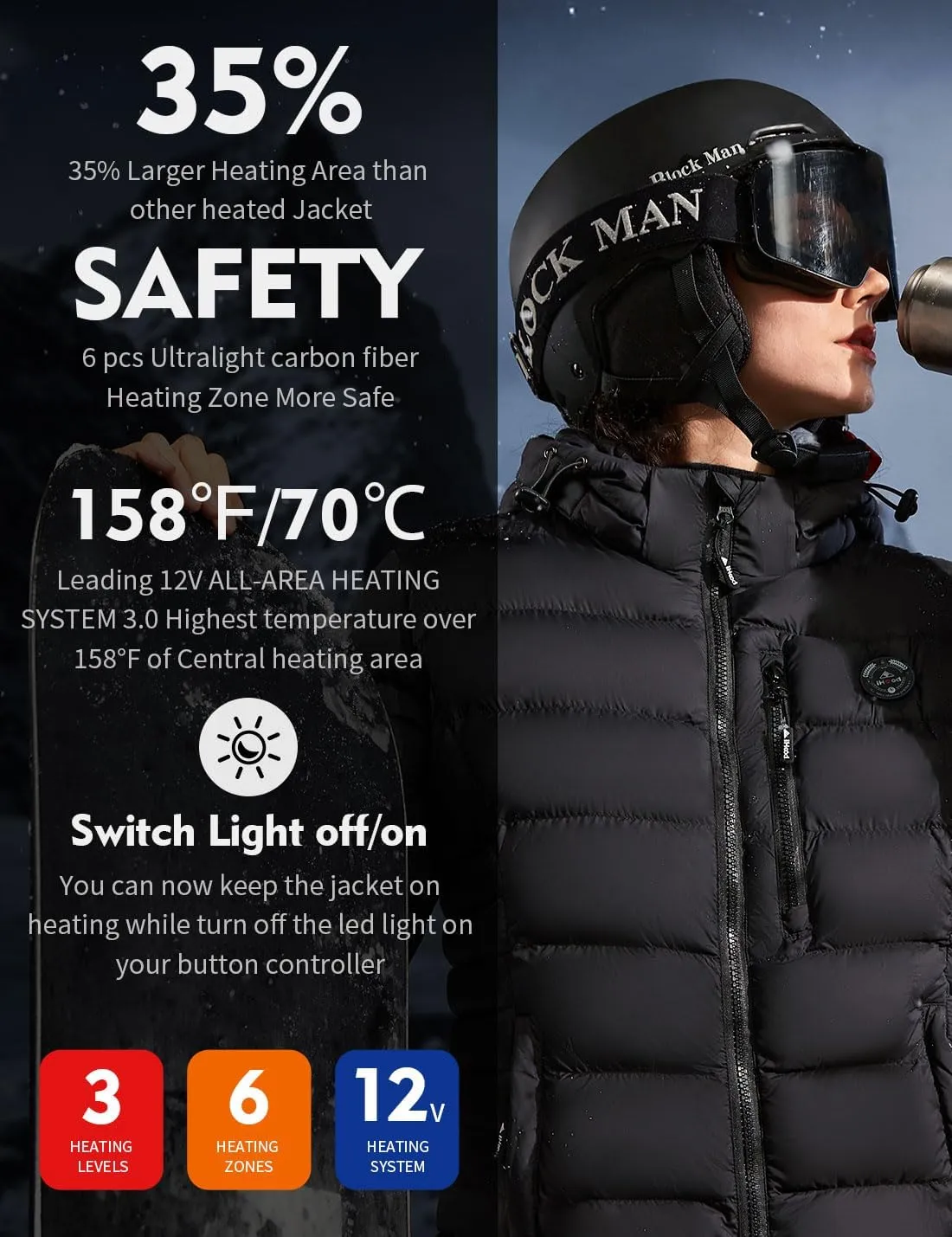 Women's Heated Puffer Jacket With 12V Battery Pack-Insulated Water-Resistant Hooded Hand-Heating Electric Heated Jacket