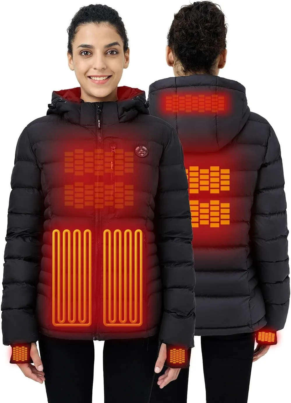 Women's Heated Puffer Jacket With 12V Battery Pack-Insulated Water-Resistant Hooded Hand-Heating Electric Heated Jacket