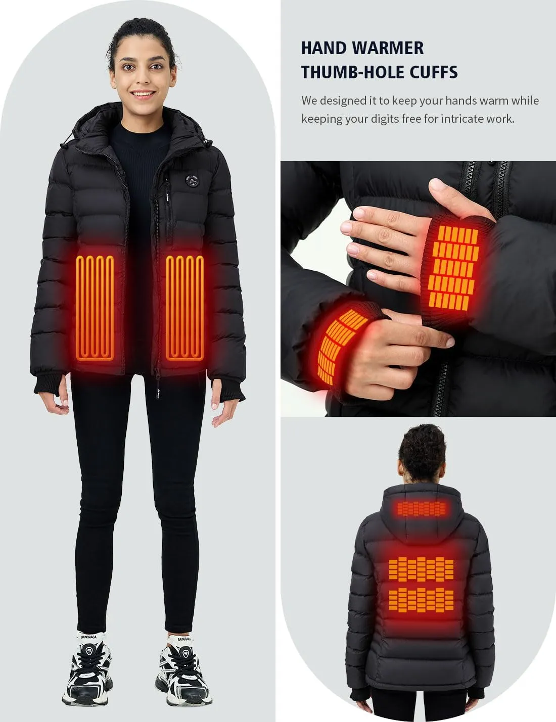 Women's Heated Puffer Jacket With 12V Battery Pack-Insulated Water-Resistant Hooded Hand-Heating Electric Heated Jacket