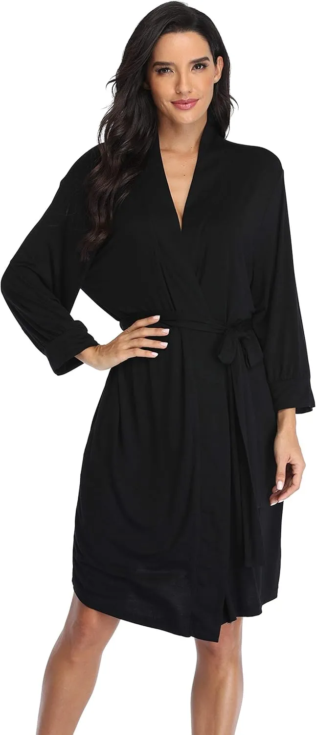 Women's Kimono Robe Short Knit Bathrobe Soft House Sleepwear Lightweight Ladies Loungewear
