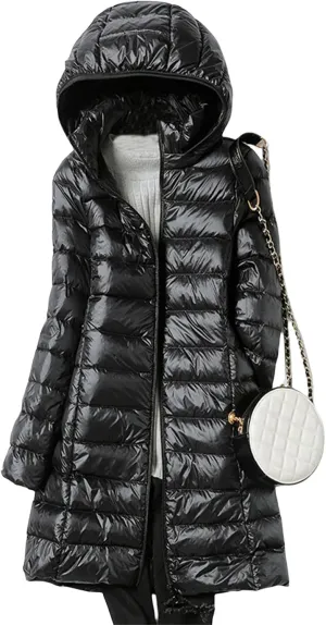 Womens Packable Puffer Jacket Lightweight Warm Long Hooded Puffer Coat Water-Resistant Winter Long Coat