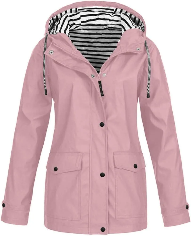 Women's Raincoats Windbreaker Rain Jacket Waterproof Lightweight Outdoor Hooded Trench Coats