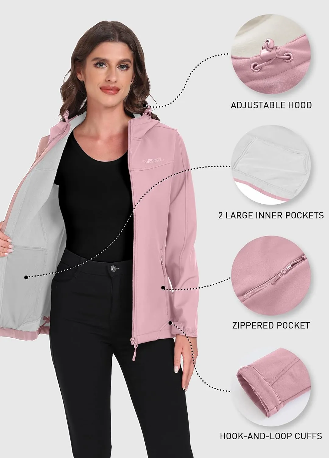 Women's Softshell Jacket Lightweight Fleece Lined Waterproof Coats Rain Jacket with Hood for Outdoor Hiking