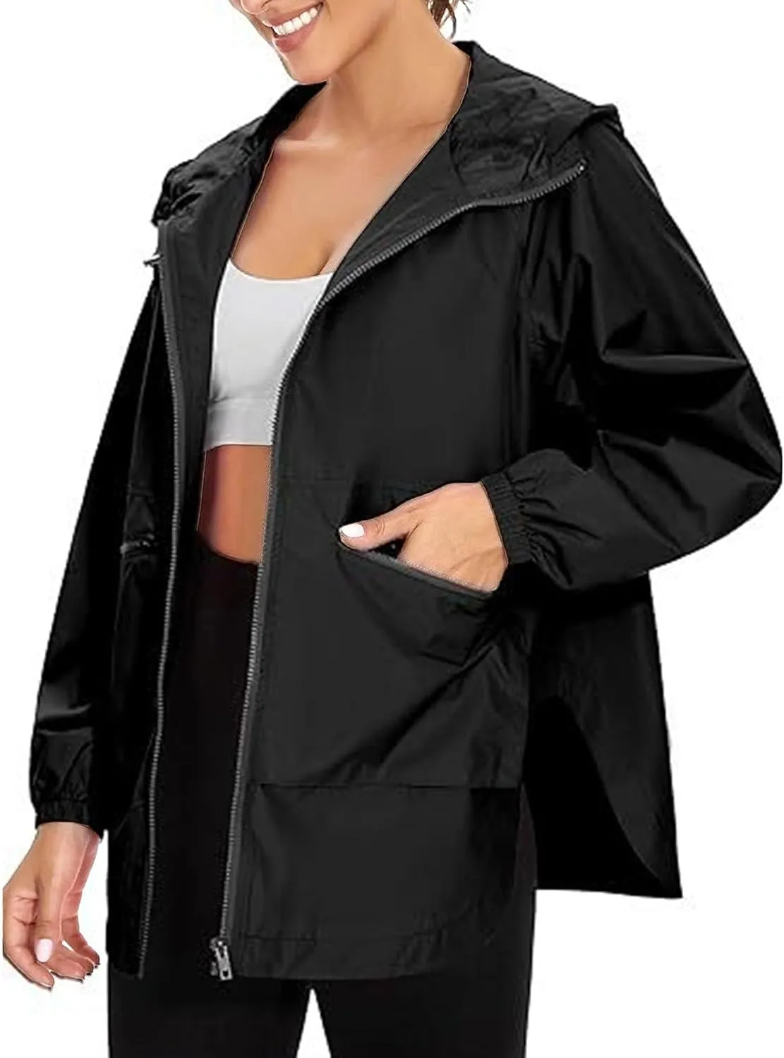 Womens Waterproof Rain Jacket Lightweight Travel Trench Windbreaker With Pockets For Outdoor