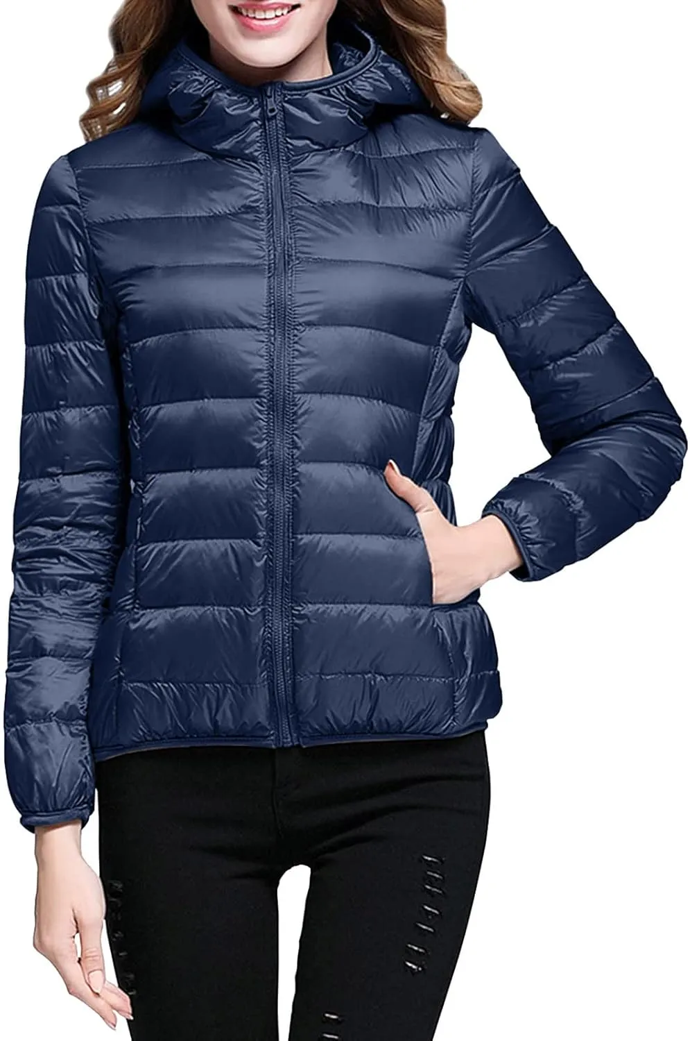Women's Winter Zip Puffer Jacket Lightweight Packable Hooded Puffer Jacket Warm Down Coats Waterproof Ski Jackets
