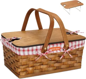 Woodchip Picnic Basket with Portable Wine Table, Woven Basket with 2 Swing Handles & Removable Lining, Empty Large Basket for Picnic, Outdoor, Camping, Family, Party, Wedding Gifts for Couple. RED