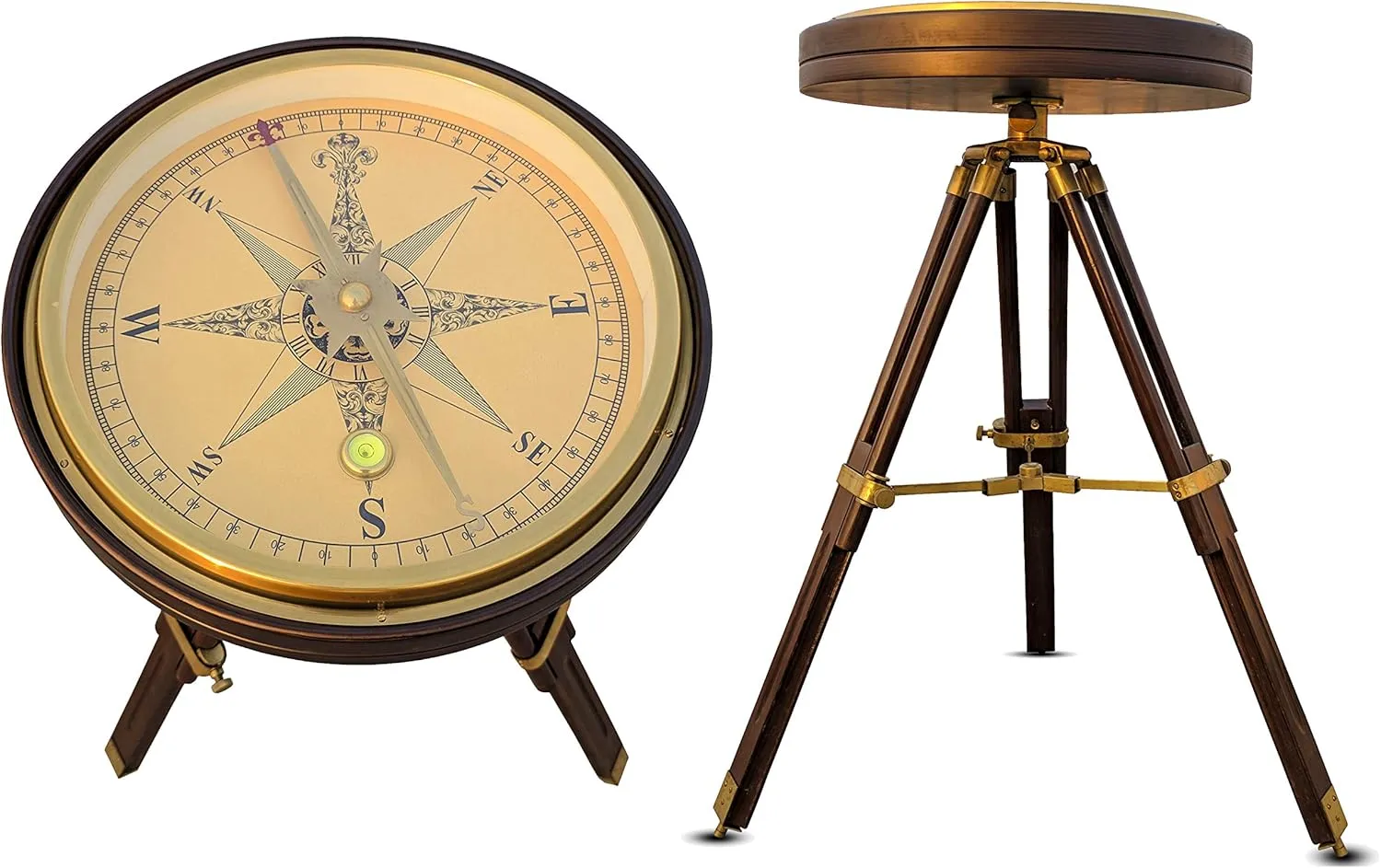 Wooden Brass Side Table/End Table Coffee Table Nautical Compass Decorative Adjustable Height & Foldable Tripod Stand Antique Finished Compass Table (1, 24 in)
