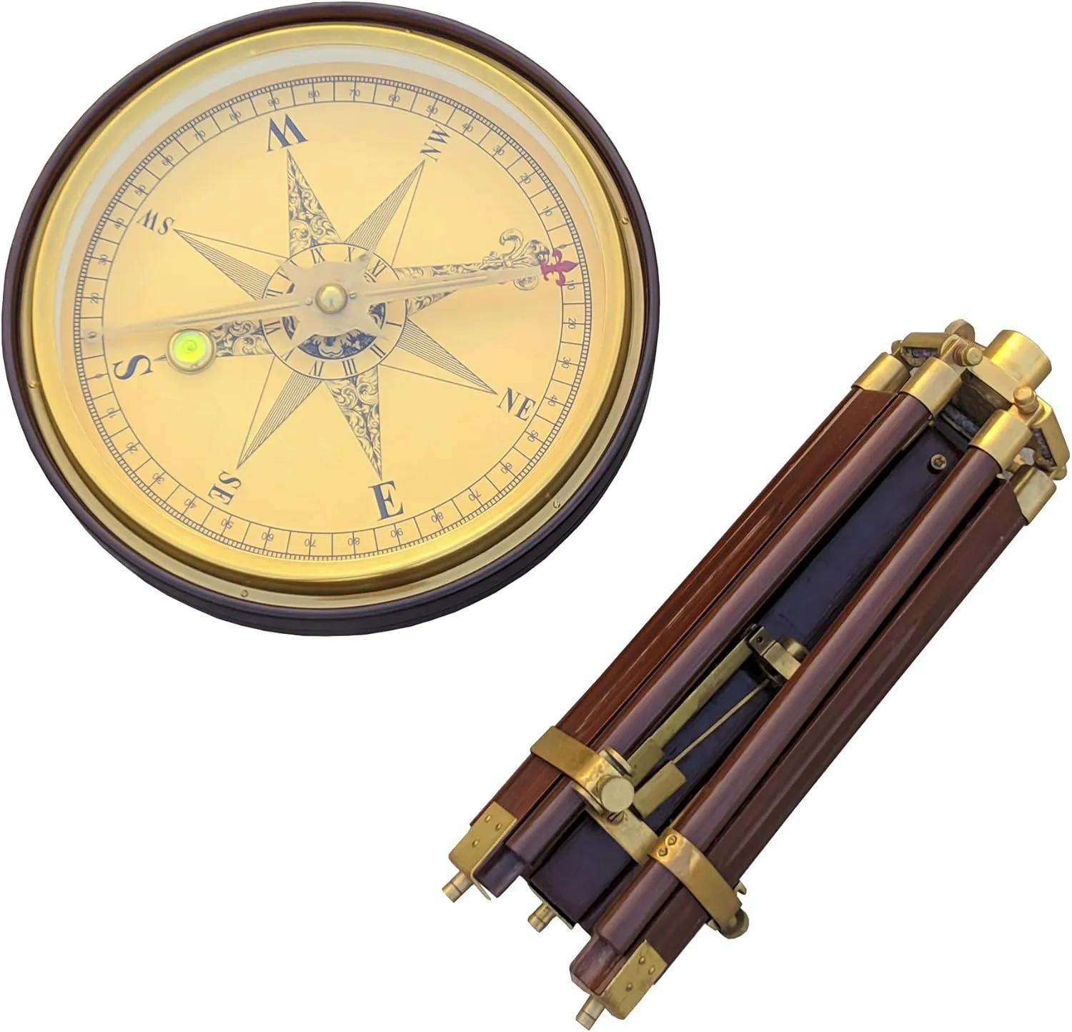Wooden Brass Side Table/End Table Coffee Table Nautical Compass Decorative Adjustable Height & Foldable Tripod Stand Antique Finished Compass Table (1, 24 in)
