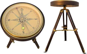 Wooden Brass Side Table/End Table Coffee Table Nautical Compass Decorative Adjustable Height & Foldable Tripod Stand Antique Finished Compass Table (1, 24 in)