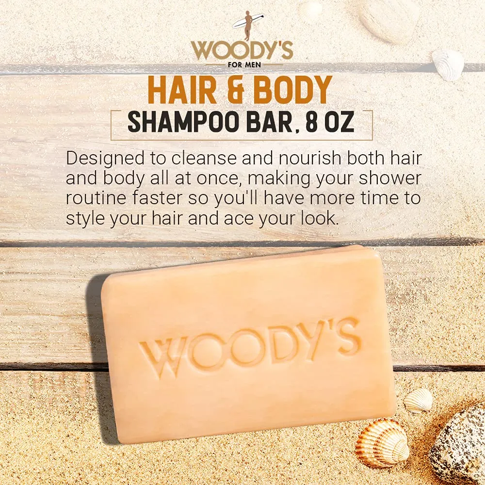 Woody's Hair & Body Shampoo Bar for Men – 2-in-1 Solid Shampoo & Body Wash, Deep Cleansing, Moisturizing, Refreshing Scent, 8 oz (2 Pack)