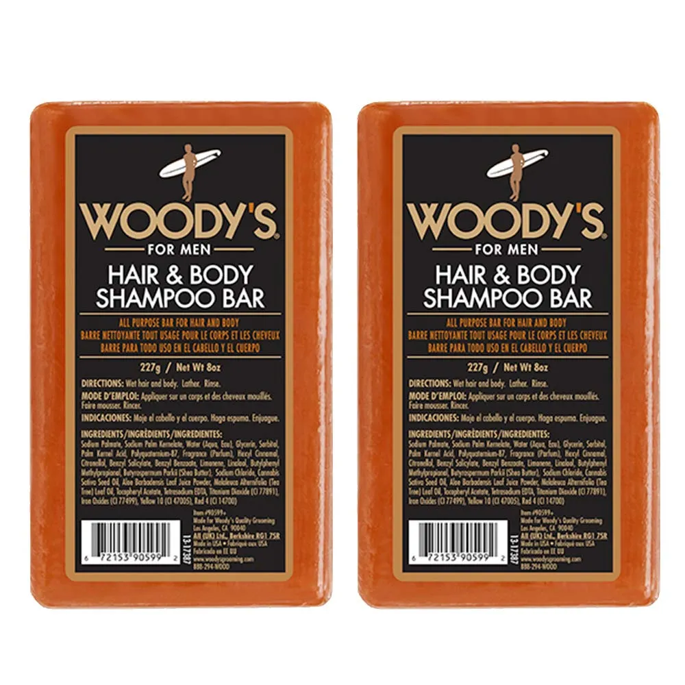 Woody's Hair & Body Shampoo Bar for Men – 2-in-1 Solid Shampoo & Body Wash, Deep Cleansing, Moisturizing, Refreshing Scent, 8 oz (2 Pack)