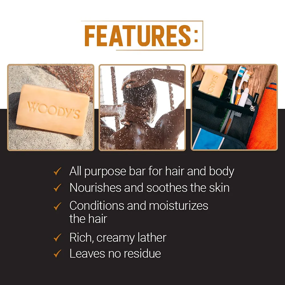 Woody's Hair & Body Shampoo Bar for Men – 2-in-1 Solid Shampoo & Body Wash, Deep Cleansing, Moisturizing, Refreshing Scent, 8 oz (2 Pack)
