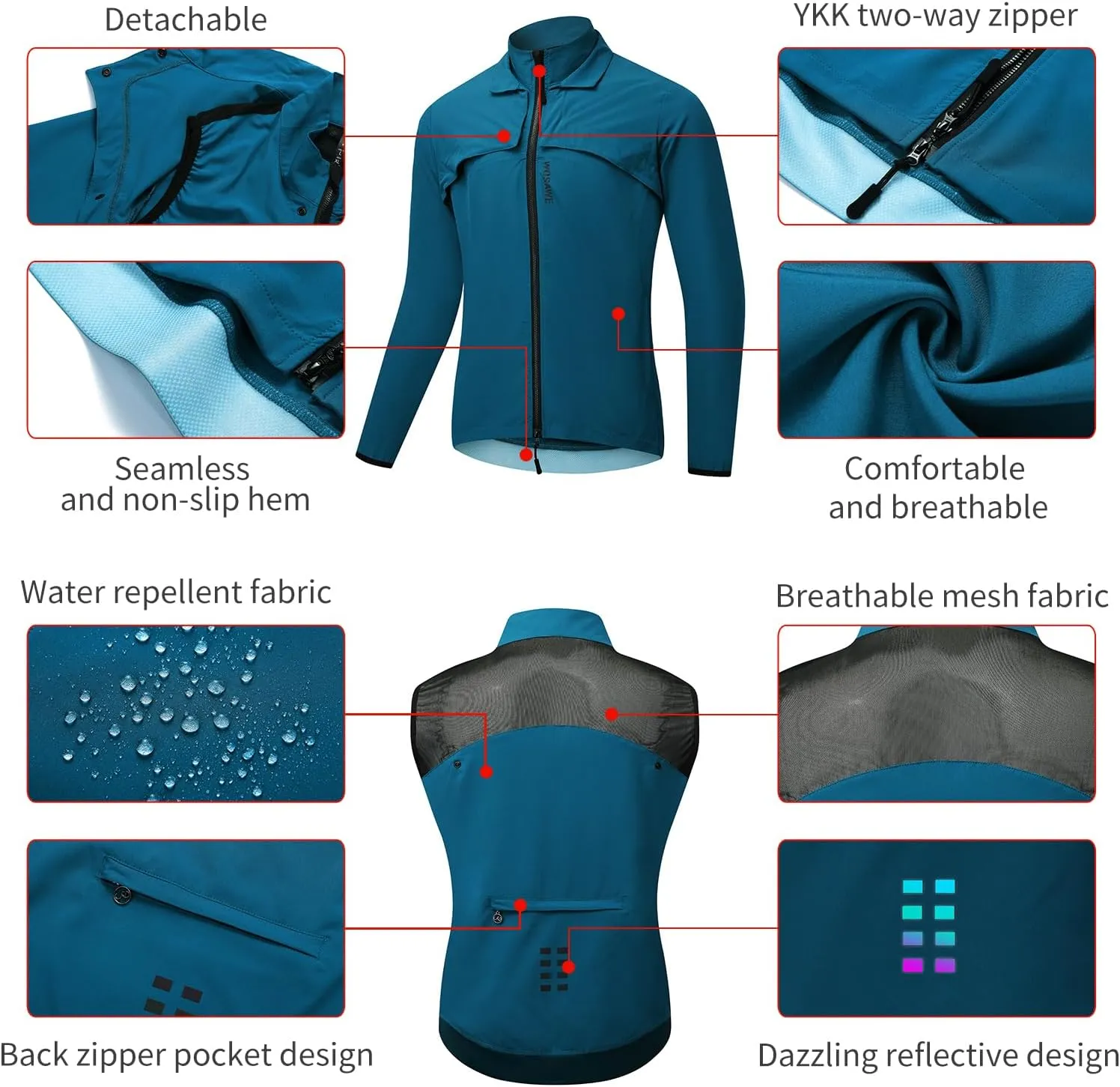 WOSAWE 2 in 1 Cycling Jacket Men Convertible Biking Vest Lightweight Reflective Windbreaker