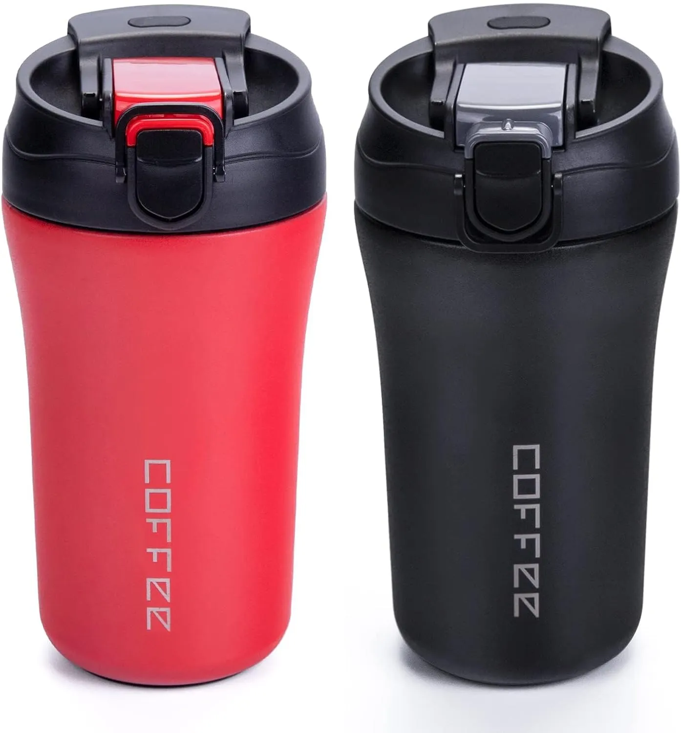 XPIY 14 oz Travel Coffee Mug, 2 Pack Insulated Coffee Travel Mug Spill Proof with Lid and Straw, Stainless Steel Coffee Tumbler for Hot and Cold Drinks Red and Black