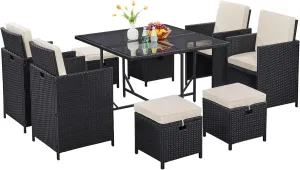 Yaheetech 9-Piece Patio Dining Sets, Outdoor Space Saving Rattan Chairs with Glass Table, Wicker Sectional Conversation Furniture Set with Removeable Cushions, Black/Beige