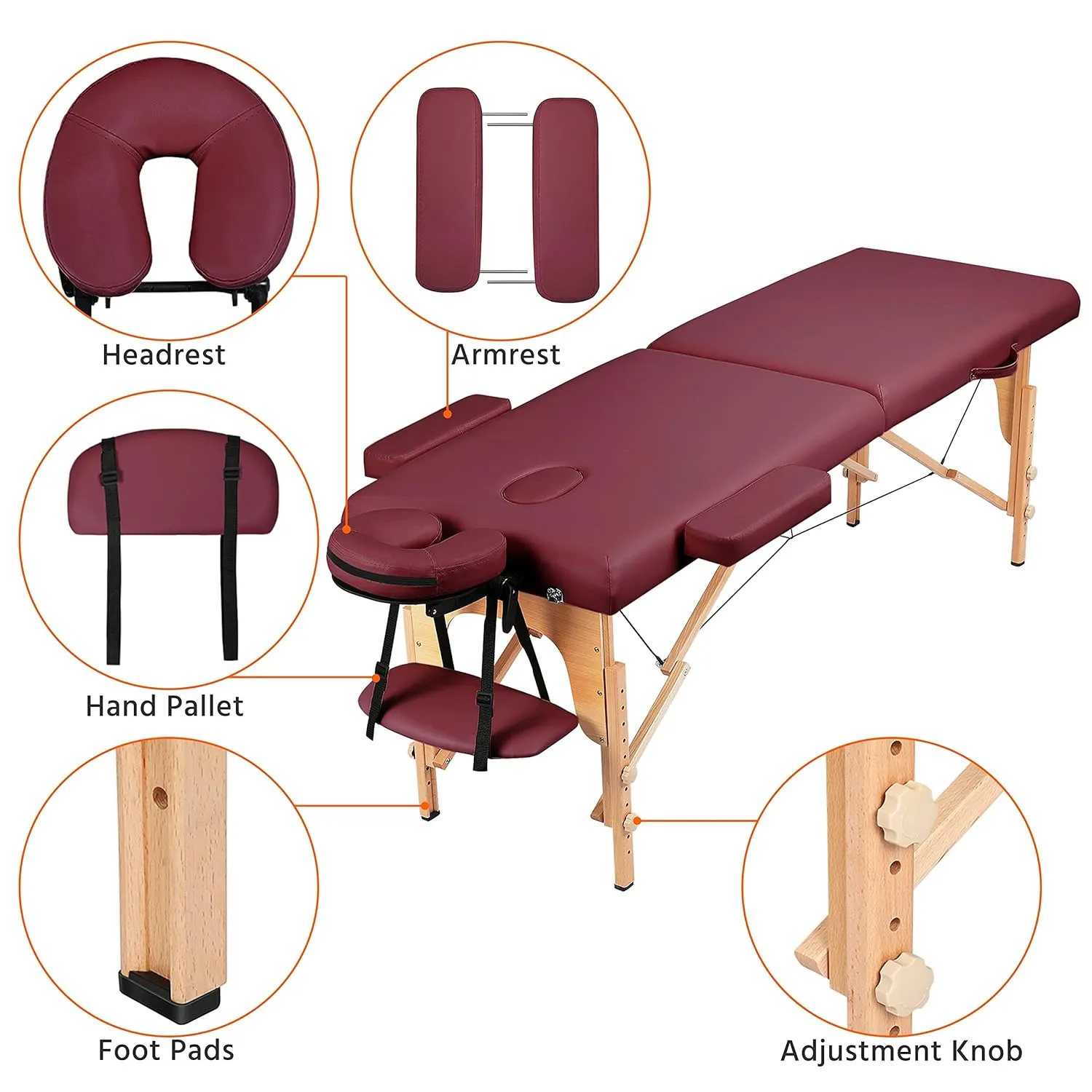 Yaheetech Massage Table Portable Lash Beds Spa Bed Massage Couch Foldable Spa Tables Adjustable 2 Fold with Non-Woven Bag 24 inch, Burgundy