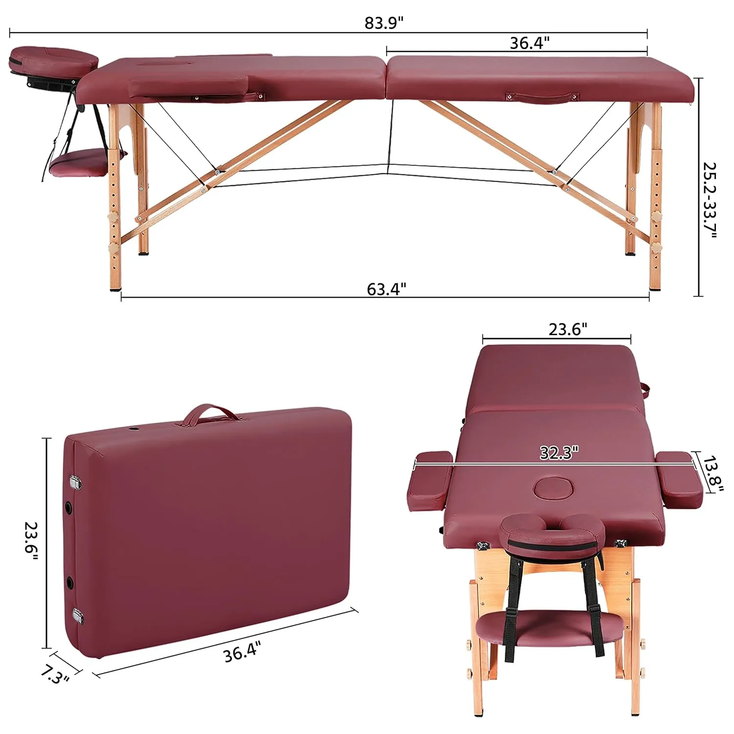 Yaheetech Massage Table Portable Lash Beds Spa Bed Massage Couch Foldable Spa Tables Adjustable 2 Fold with Non-Woven Bag 24 inch, Burgundy