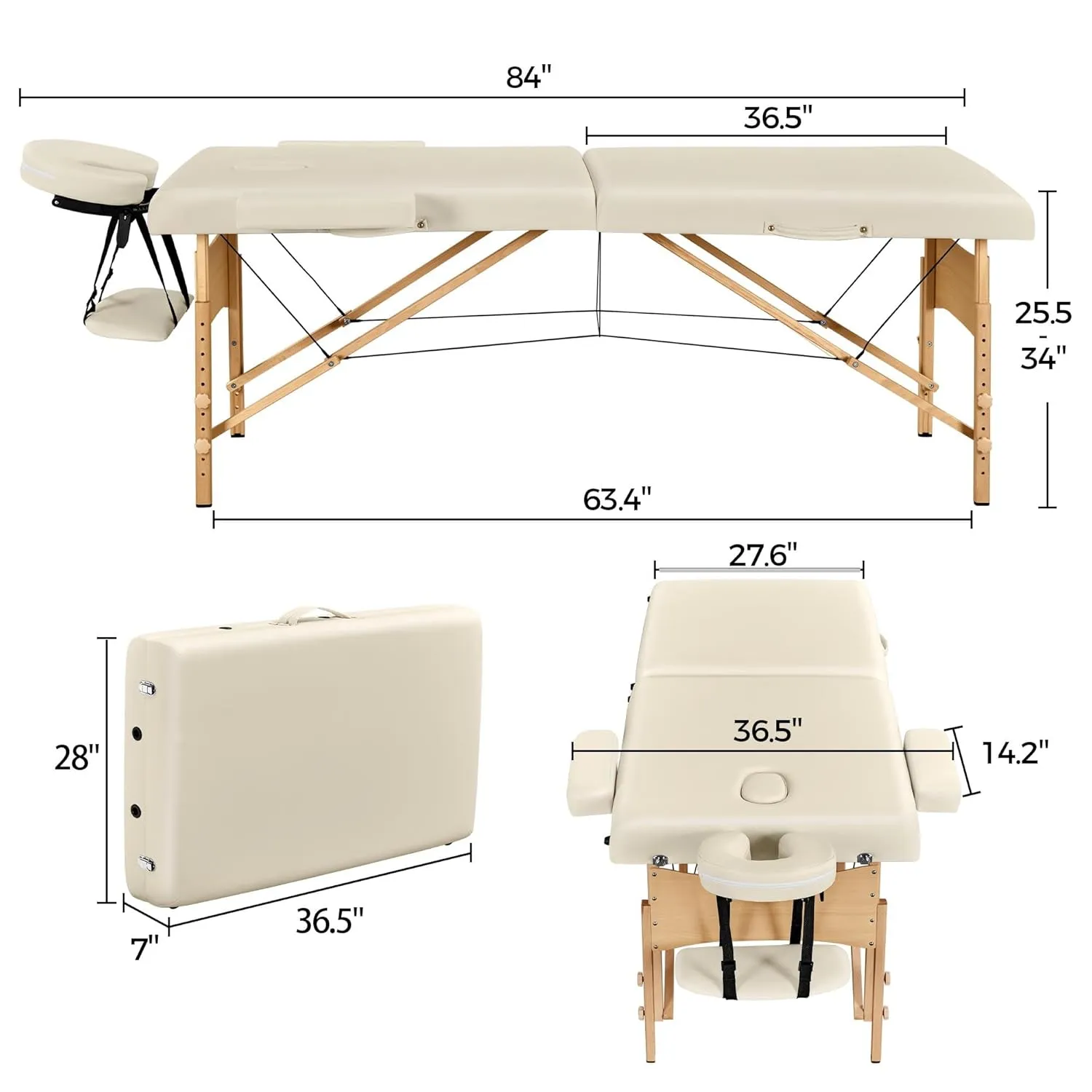 Yaheetech Massage Table Portable Lash Beds Spa Bed Massage Couch Foldable Spa Tables Adjustable 2 Fold with Non-Woven Bag 28 inch, Cream