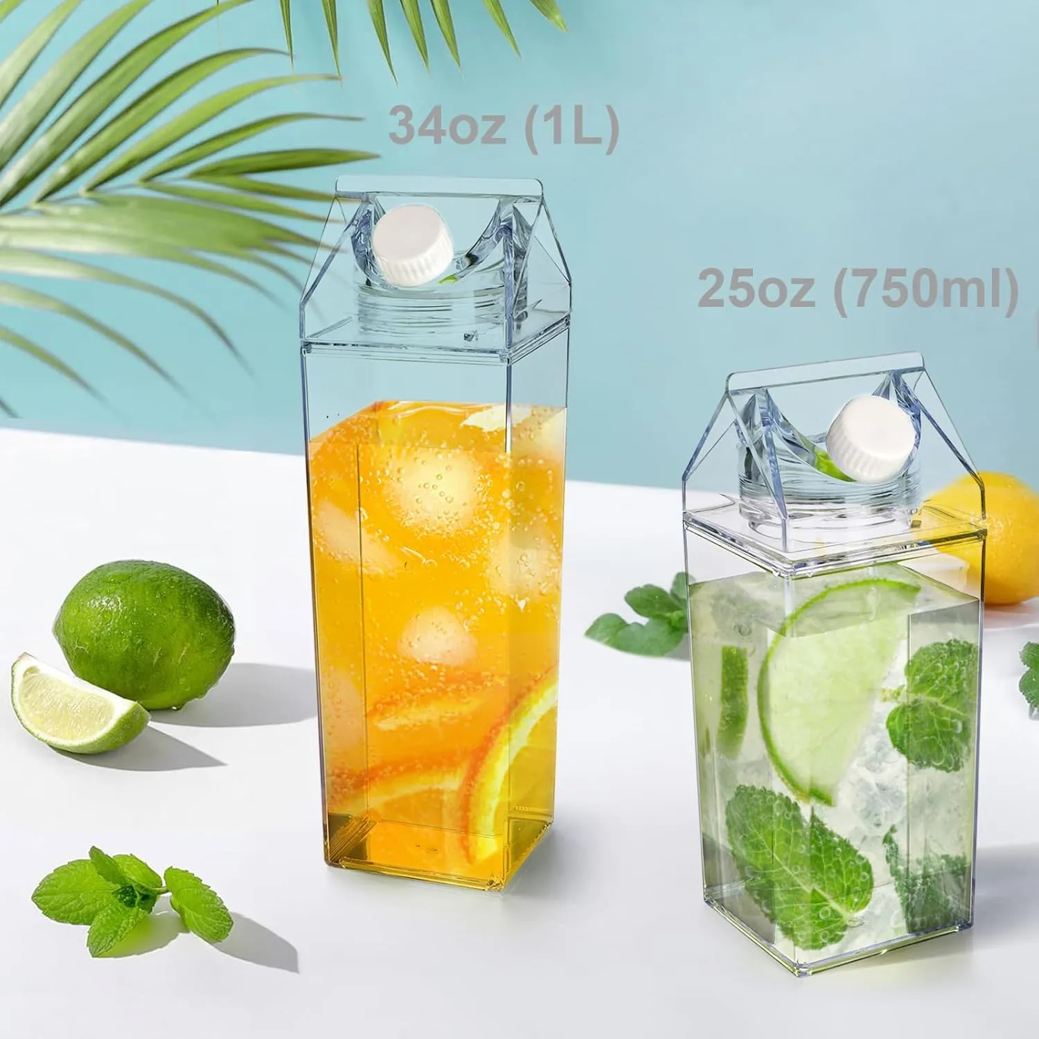 yarlung 6 Pack 25 Oz Milk Carton Water Bottle, Clear Plastic Milk Bottles Leakproof Square Water Bottles for Outdoor Sports Travel Camping