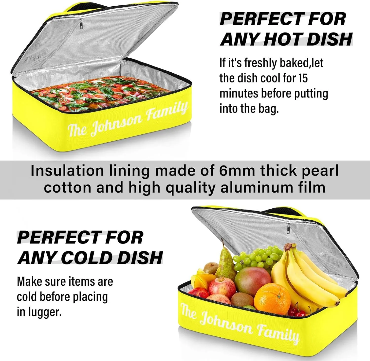 Yellow Custom Casserole Carrier Bag for Hot&Cold Food Personalized Insulated Food Dish Bag Tote for Cookouts Camping
