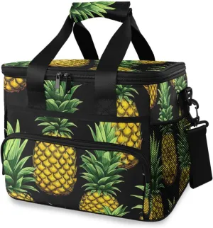 Yellow Pineapple Black Cooler Bag Insulated Cooler Soft Sided Cooler 24 Can Portable Picnic Bag Large Leakproof Lunch Bag Box for Beach Grocery Camping Travel Car Men Women