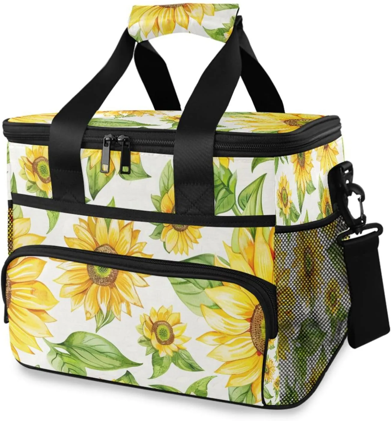 Yellow Sunflower Leaves White Cooler Bag Insulated Cooler Soft Sided Cooler 24 Can Portable Picnic Bag Large Leakproof Lunch Bag Box for Beach Grocery Camping Travel Car Men Women