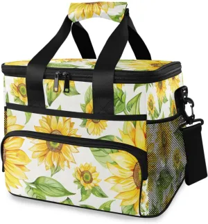 Yellow Sunflower Leaves White Cooler Bag Insulated Cooler Soft Sided Cooler 24 Can Portable Picnic Bag Large Leakproof Lunch Bag Box for Beach Grocery Camping Travel Car Men Women
