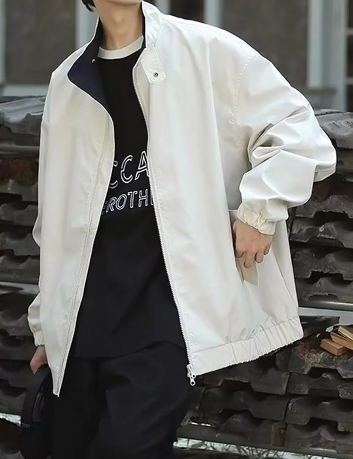 Yimoon Men's Lightweight Windbreaker Jacket Casual Zip Up Outdoor Varsity Jacket Patchwork Vintage Y2K Outerwear