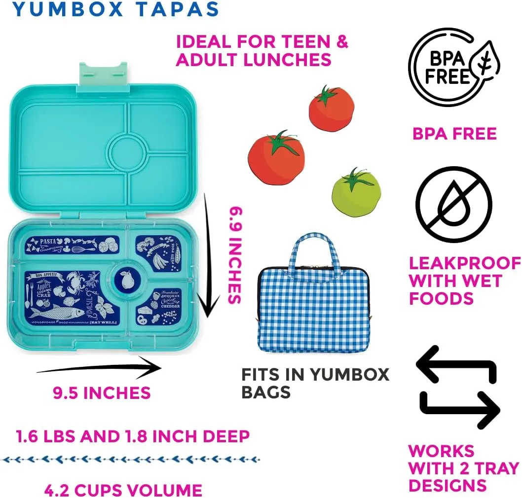 Yumbox Tapas Leakproof Bento Lunch Box - 5-Compartment Bento Container for Adults and Kids; Large Size 9.5x6.9x1.8; BPA-Free, Leakproof & Easy Clean; Lunch Box Kids (Antibes Blue)