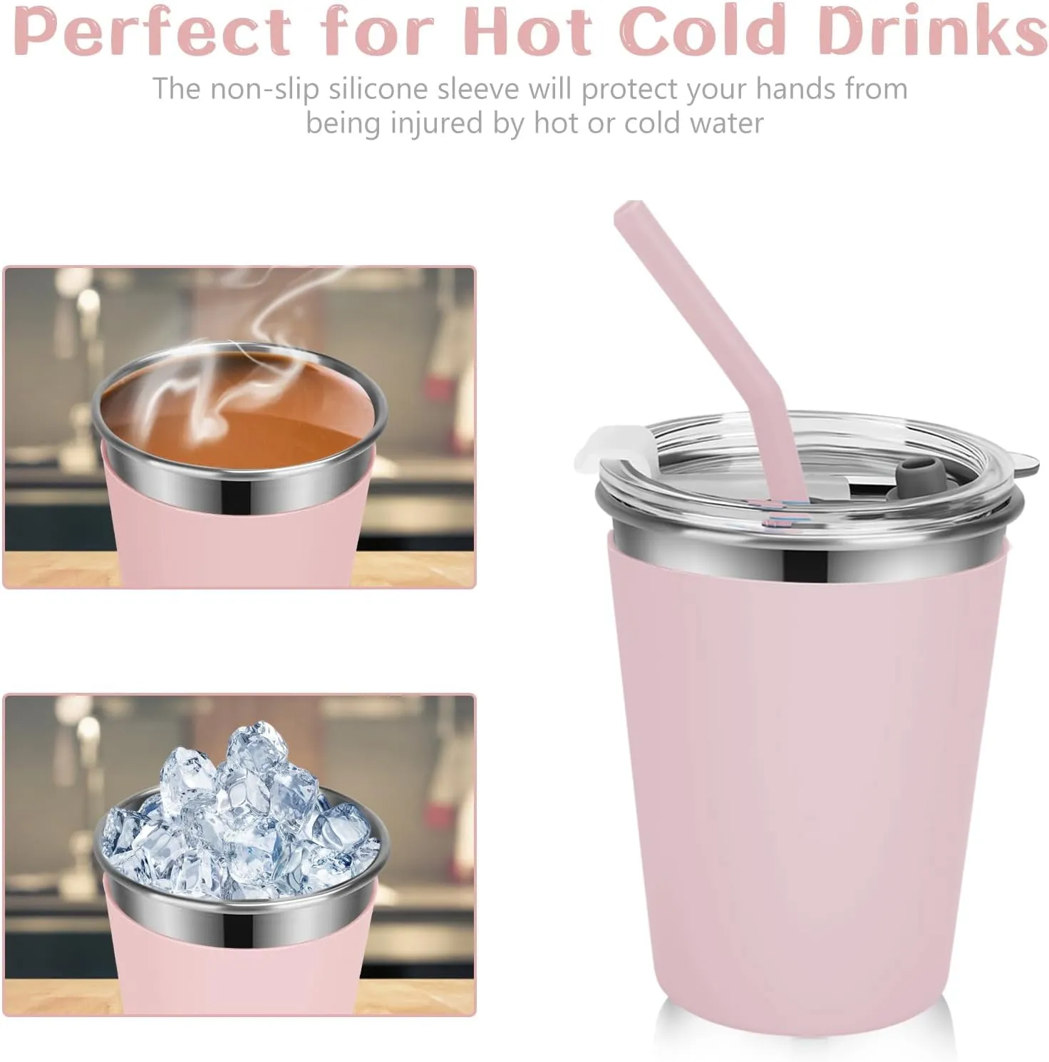 Yummy Sam 6 Pack Kids Cups with Silicone Straws and Lids 12oz Stainless Steel Water Drinking Bottle with Non-Slip Heat Insulation Light Color Full Sleeves for Children Adult School Outdoor Home Use