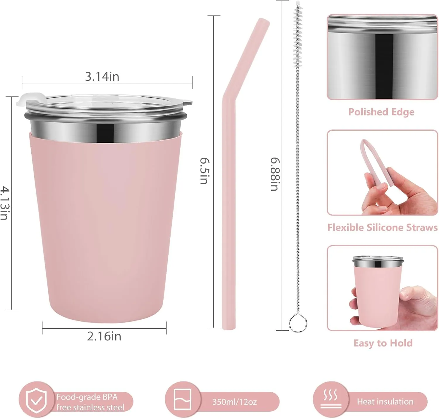 Yummy Sam 6 Pack Kids Cups with Silicone Straws and Lids 12oz Stainless Steel Water Drinking Bottle with Non-Slip Heat Insulation Light Color Full Sleeves for Children Adult School Outdoor Home Use