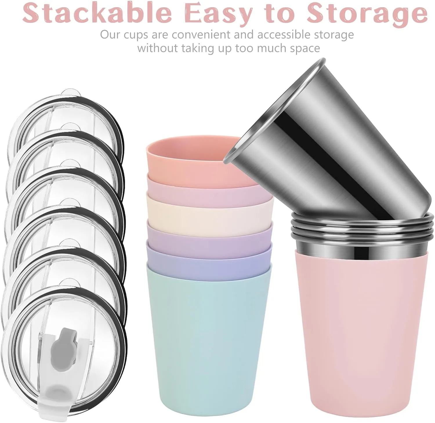 Yummy Sam 6 Pack Kids Cups with Silicone Straws and Lids 12oz Stainless Steel Water Drinking Bottle with Non-Slip Heat Insulation Light Color Full Sleeves for Children Adult School Outdoor Home Use