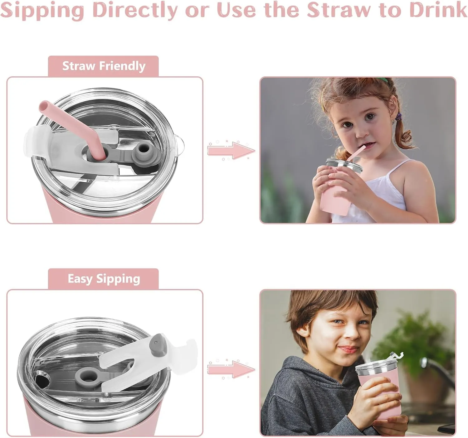 Yummy Sam 6 Pack Kids Cups with Silicone Straws and Lids 12oz Stainless Steel Water Drinking Bottle with Non-Slip Heat Insulation Light Color Full Sleeves for Children Adult School Outdoor Home Use