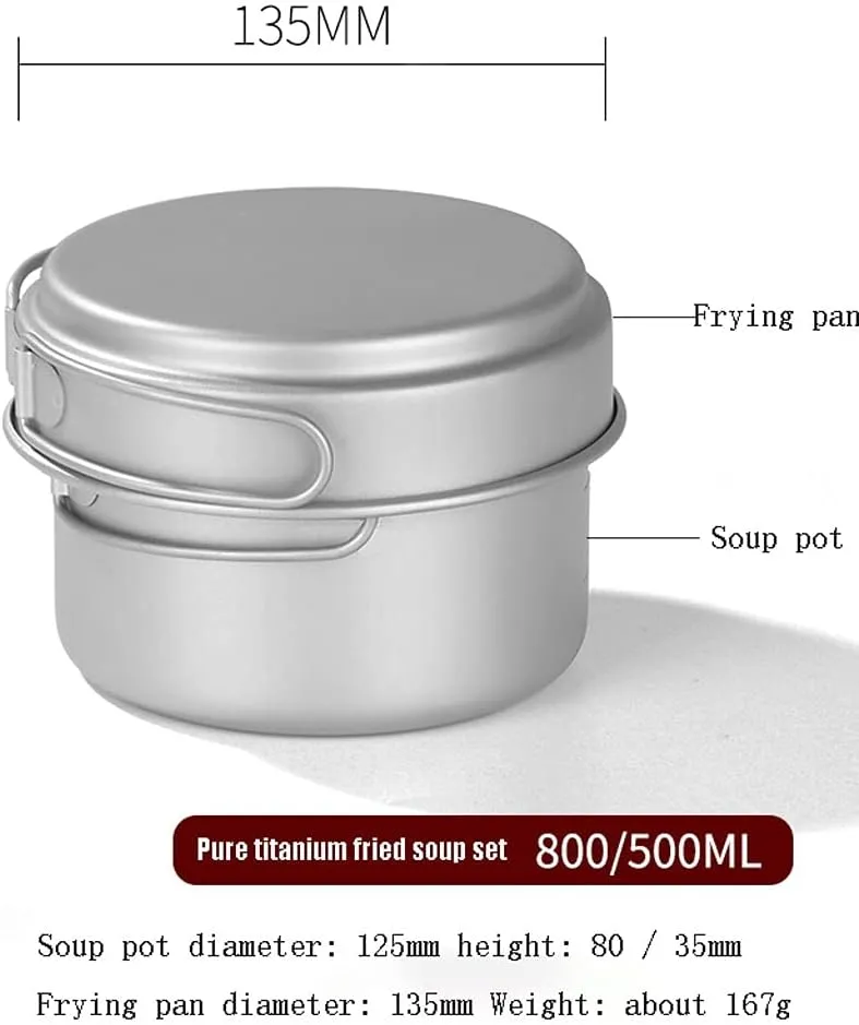 YYDS Outdoor Camping Camping Cookware Kit Pure Titanium Fried Soup Two-Piece Set Lightweight Pot Pan for Backpacking Camping Cooker Set Adventures Picnics (Size : 800/500ML)