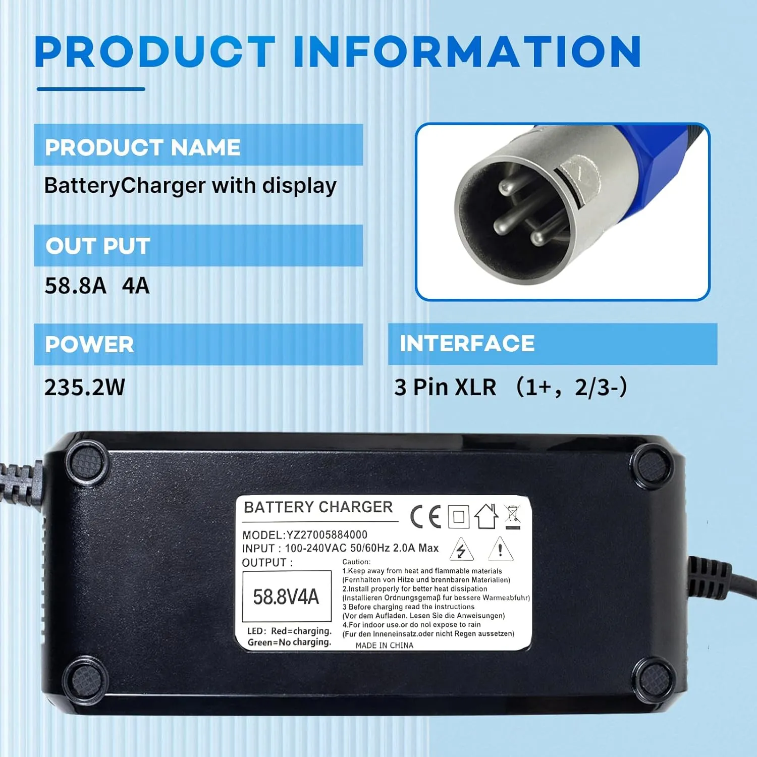 YZPOWER 52V Lithium Battery Charger 58.8V 4A Power Charger Adapter Smart Rapid Charger with Display for 14S 50.4V 51.8V 52V Li-ion Battery Pack (4A(3 PIN XL) R)
