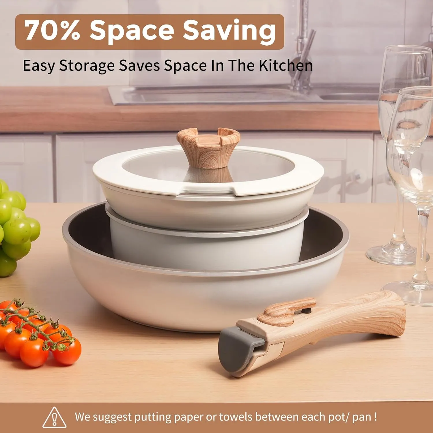 ZHANG XIAO QUAN SINCE 1628 Pots and Pans Set Non Stick, White Pots and Pans Set, 6PCS Aluminium Oven Safe Cookware Set, PTFE/PFAS/PFOA Free Cookware, Non Stick Pots and Pan Set Detachable Handle