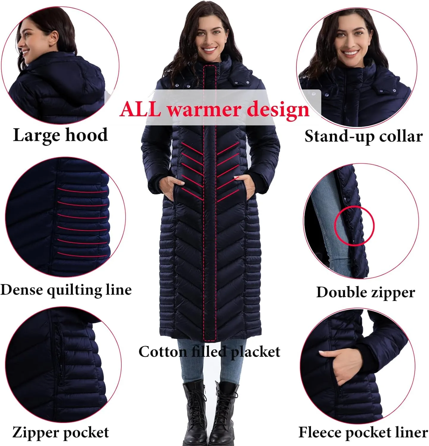 ZMC Thicken Women's Winter Puffer Coat, Warm Hooded Long Puffy Packable Jacket
