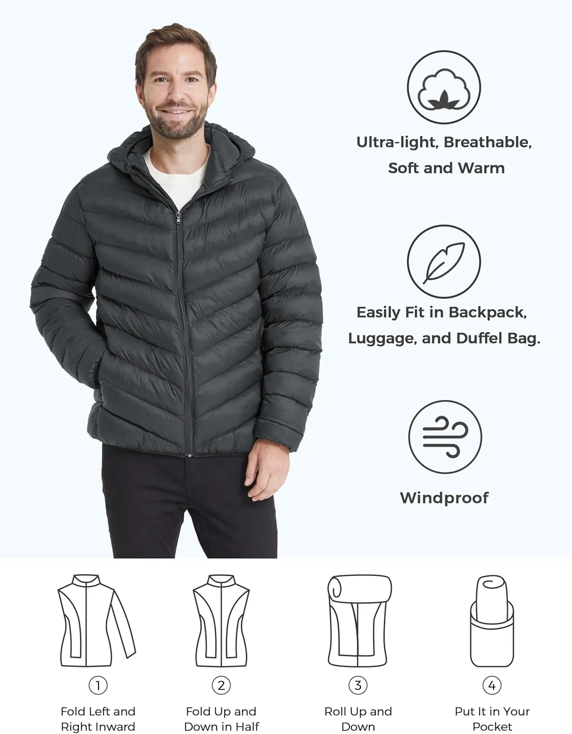 ZSHOW Men's Packable Puffer Jacket Hooded Lightweight Winter Coat for Travel Outdoor Hiking